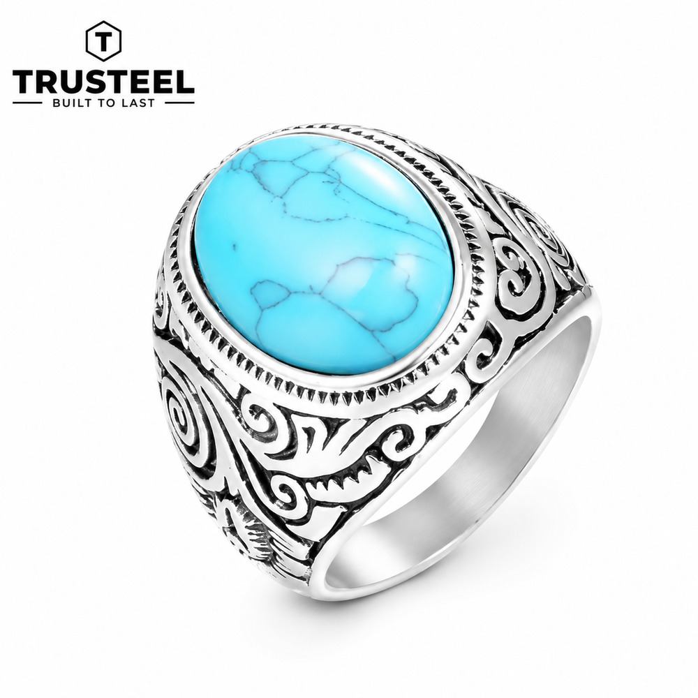 316L Stainless Steel Turquoise Stone Ring Men’s Biker Statement Band Size 8